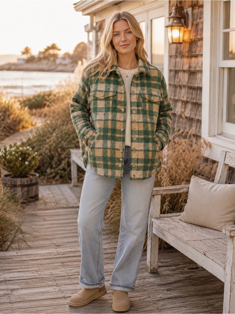 Aritzia Wilfred Free The Ganna Jacket Green Plaid Wool Shacket |M| Fall academia